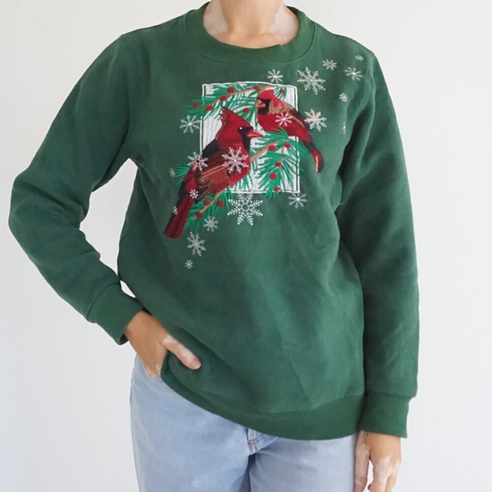 Vintage Collections Etc Green Cardinal Pine Snowflake Holiday Winter Sweater M